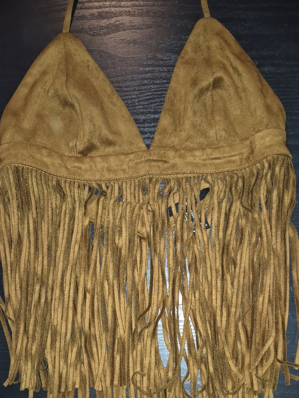 Forever 21 Suede Fringe Halter Crop Top in Mustard Brown